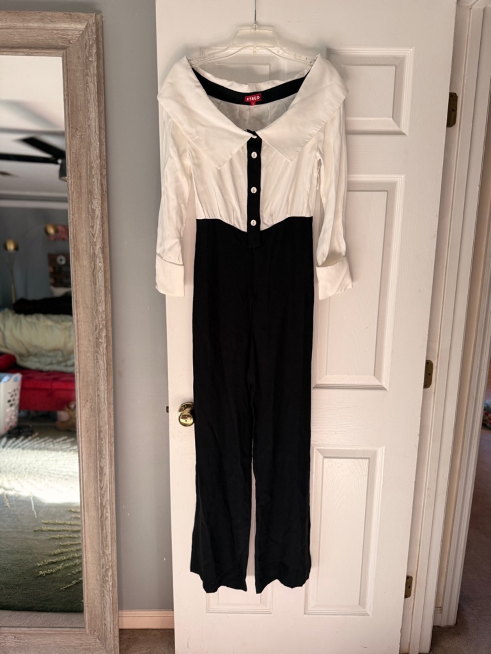 New STAUD Palladium Jumpsuit Off-Shoulder Two-Tone Jumpsuit - Black & White S/4 - Picture 5 of 15